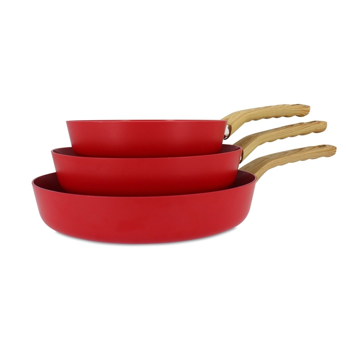 Set de 3 poêles Colorama rouges empilées avec manches en bois, vue d'ensemble sur fond blanc
