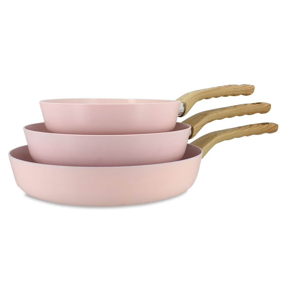 Set de 3 poêles Colorama rose empilées avec manches en bois naturel, vue ensemble sur fond blanc