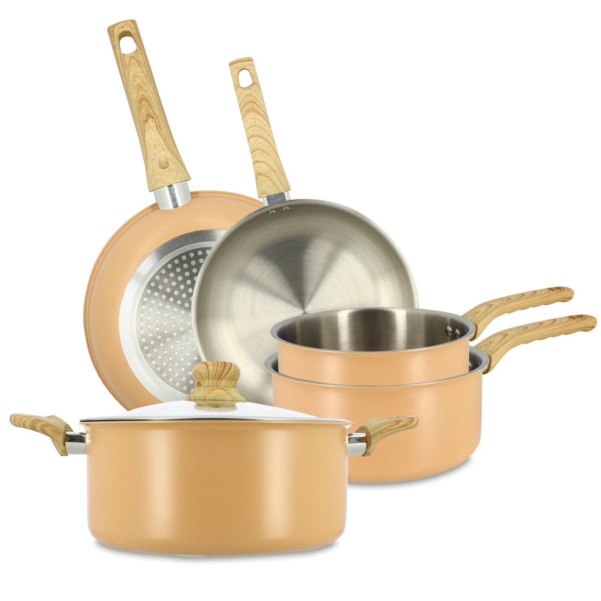 Set de 5 pièces Easynox avec casseroles inox et aluminium doré, poêles et manches en bois clair