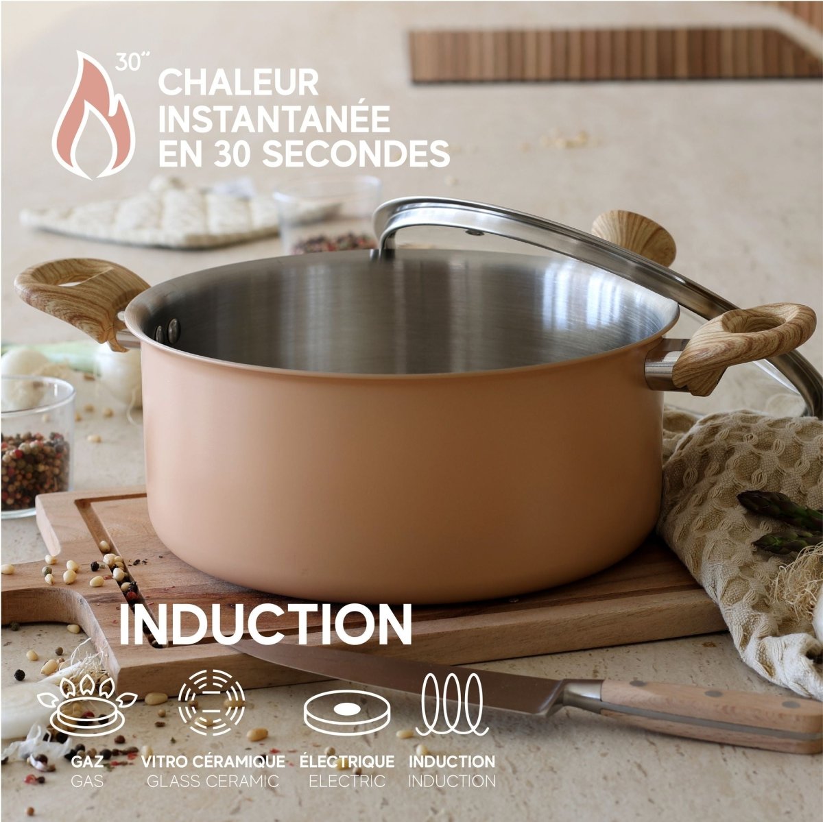 Casserole induction Easynox inox rose poudré avec poignées bois, compatible tout feu dont induction