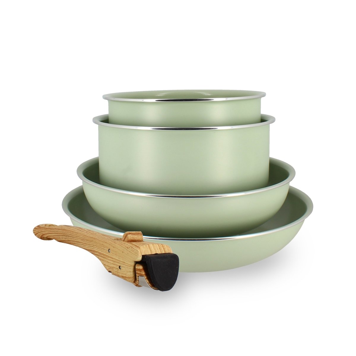Set de 5 pièces amovibles Menastyl en aluminium recyclé vert sauge avec poignée bois, vue d'ensemble empilée