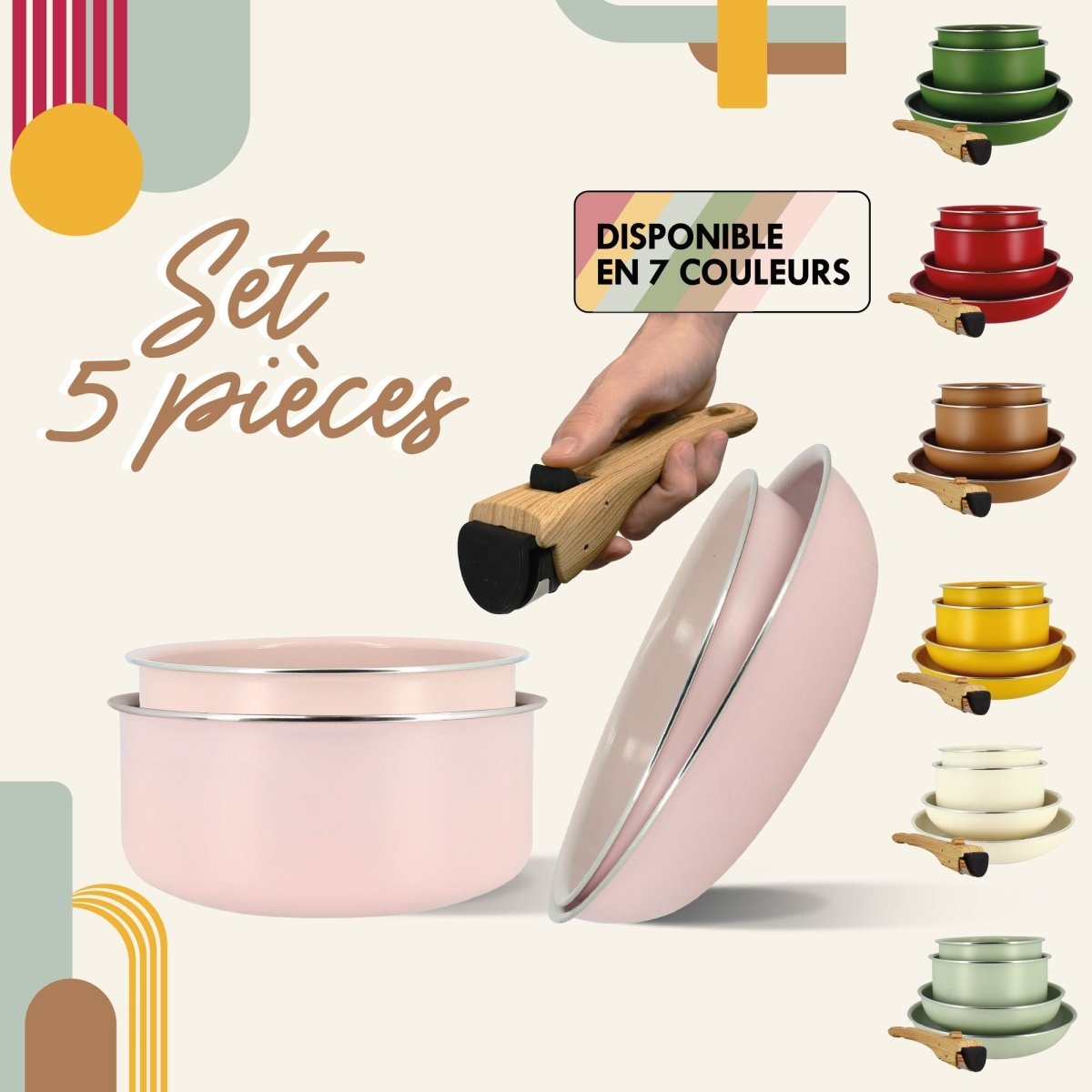 Set de 5 pièces en aluminium recyclé coloré rose pastel avec poignée amovible en bois, vue d'ensemble des casseroles et poêles empilées