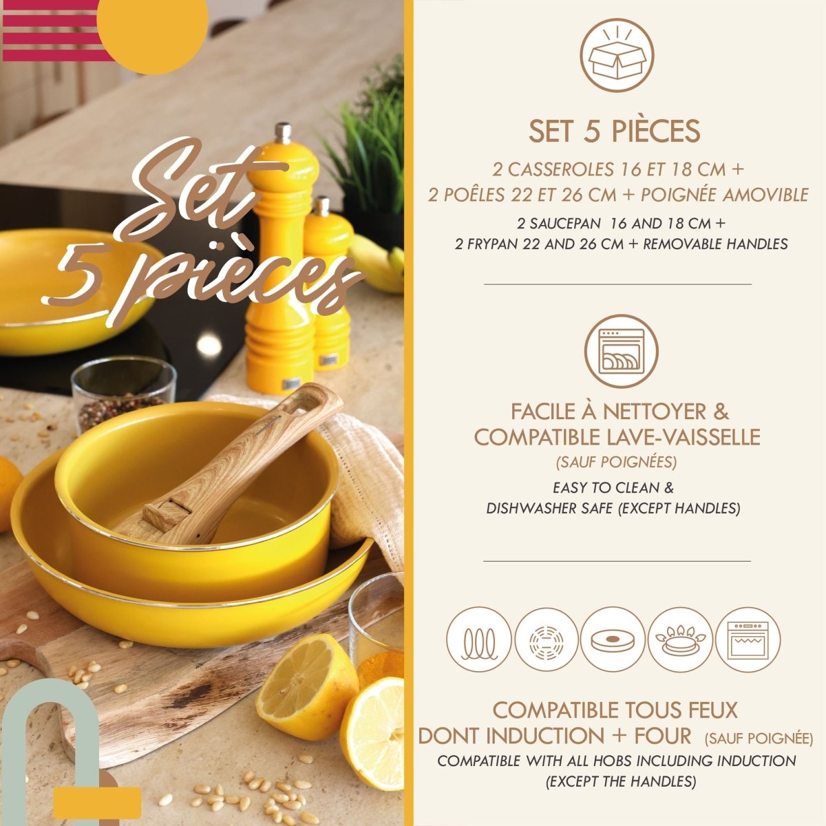 Set de 5 pièces colorama jaune avec casseroles et poêles en aluminium recyclé, poignée amovible bois, vue d'ambiance cuisine