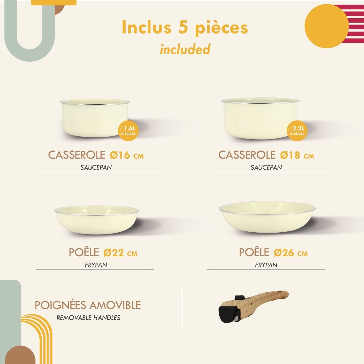 Set de 5 pièces aluminium recyclé crème: 2 casseroles 16-18cm, 2 poêles 22-26cm et poignée amovible bois foncé