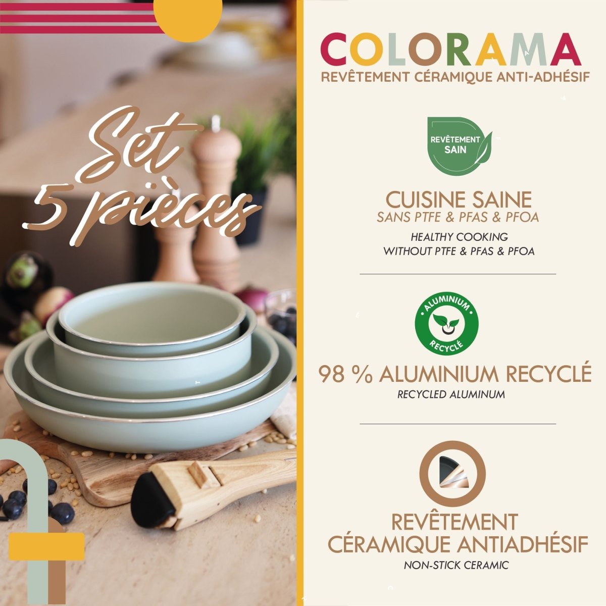 Set de 5 pièces aluminium recyclé colorama avec assiettes empilées tons pastel sur planche bois
