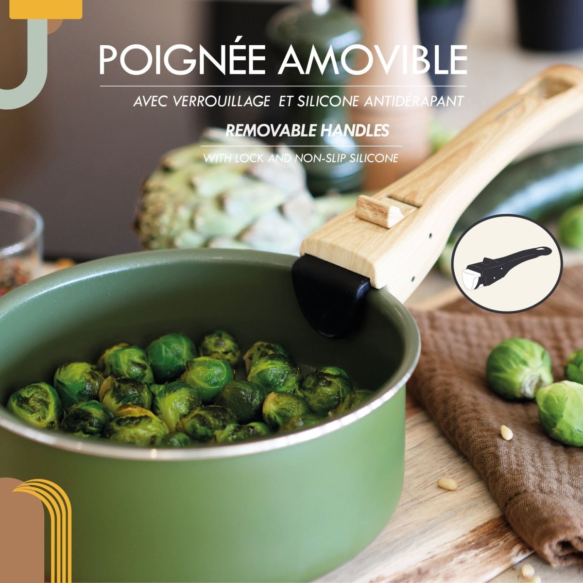 Poignée amovible en bois et silicone du set colorama posée sur ustensile vert, avec choux de Bruxelles en cuisson
