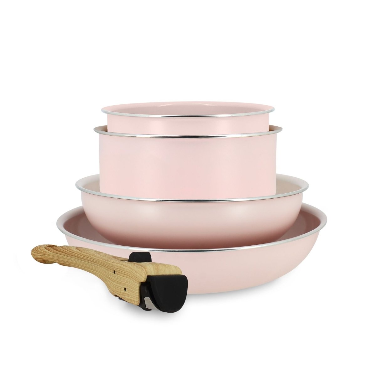 Set de 5 pièces en aluminium recyclé rose poudré empilé avec poignée amovible finition bois, vue d'ensemble