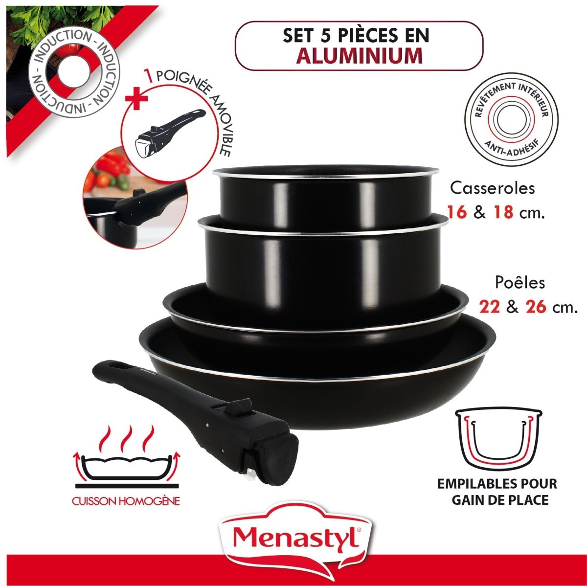Set 5 pièces aluminium noir empilables : 2 casseroles 16-18cm, 2 poêles 22-26cm et poignée amovible induction