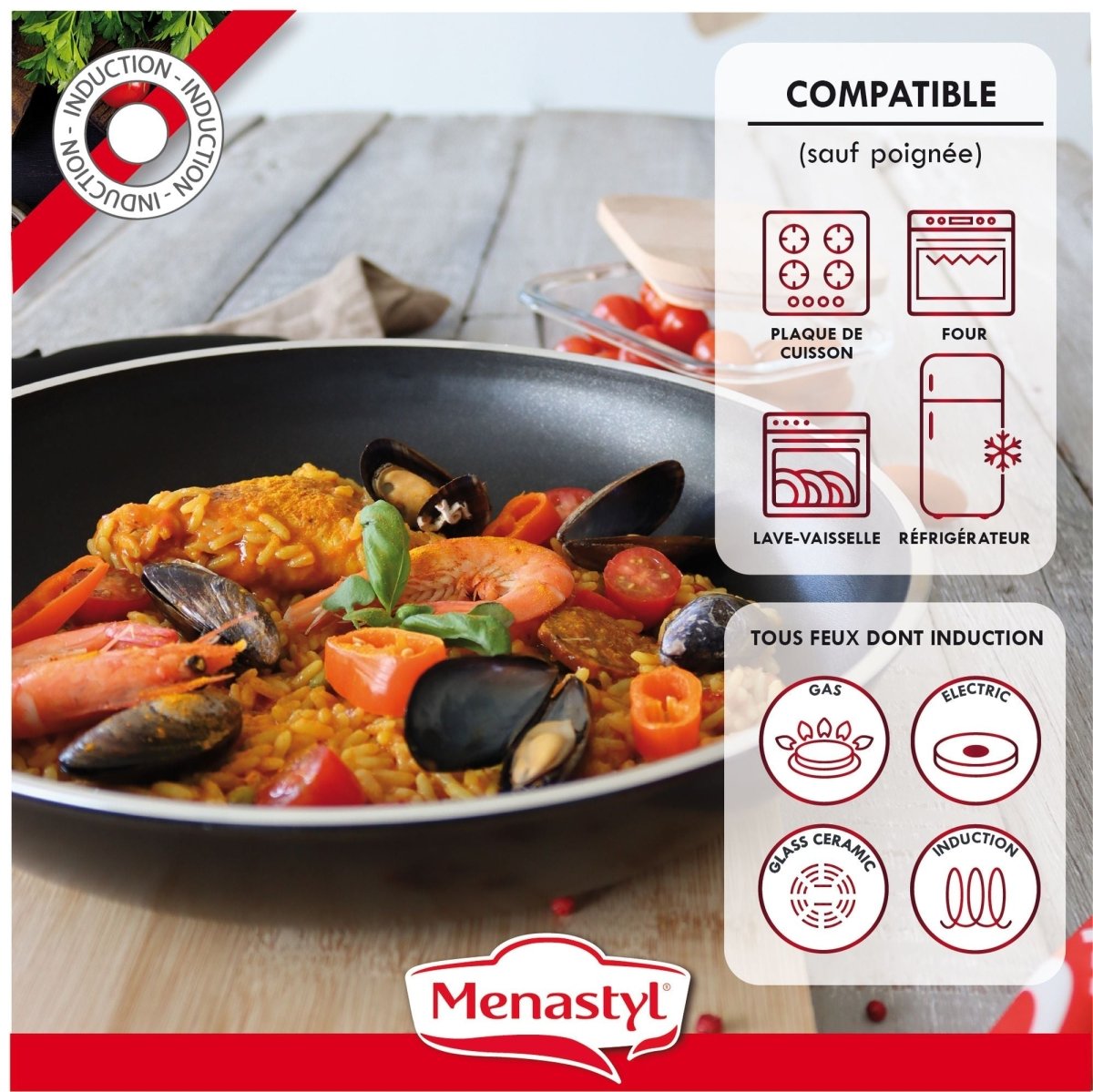 Paella aux fruits de mer dans poêle du set de 5 pièces Iris en aluminium noir, compatible induction