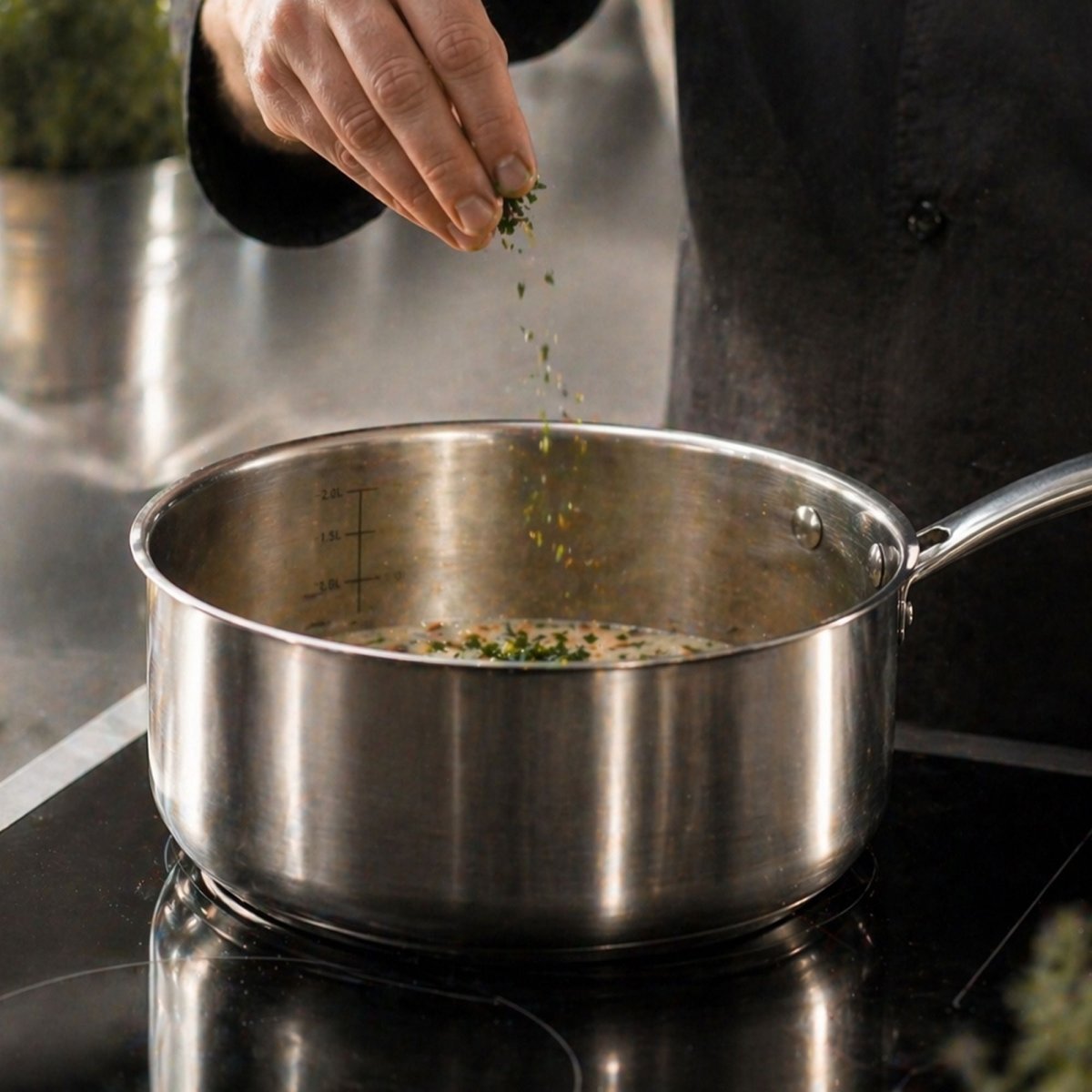 Main sprinkling herbs into casserole Triply en acier inoxydable lors de la cuisson d'une sauce