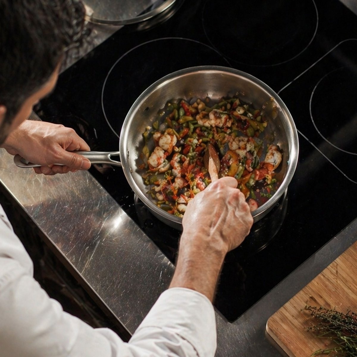 Cuisson de crevettes et légumes dans une sauteuse Triply inox sur plaque à induction, vue du dessus