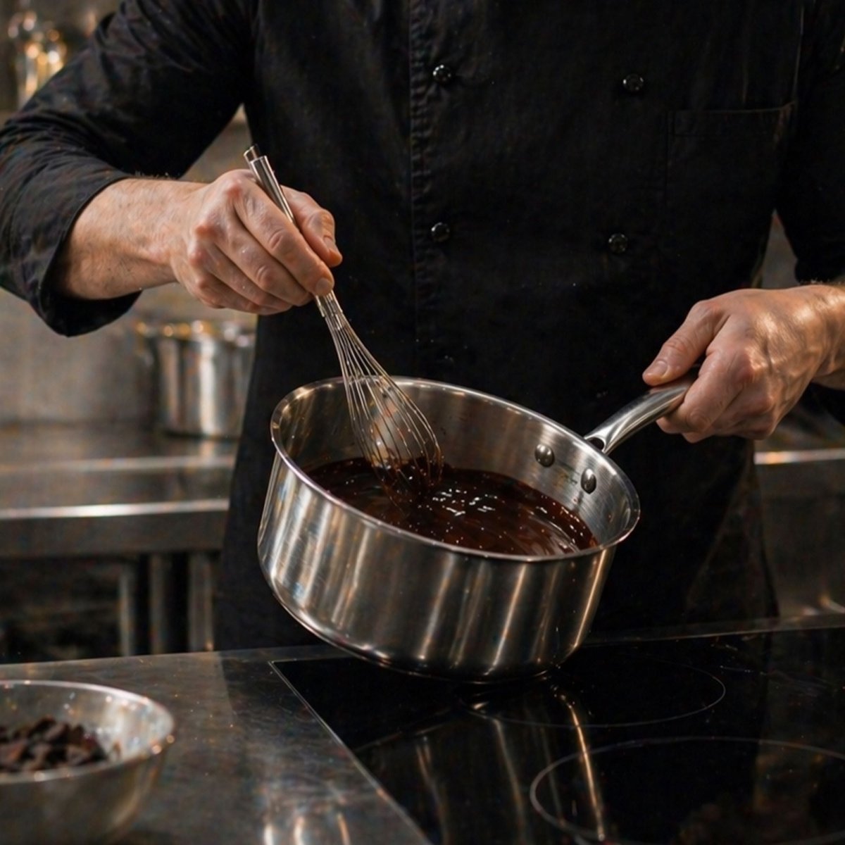 Chef cuisinant avec casserole Triply inox, préparation sauce chocolat au fouet, cuisson professionnelle