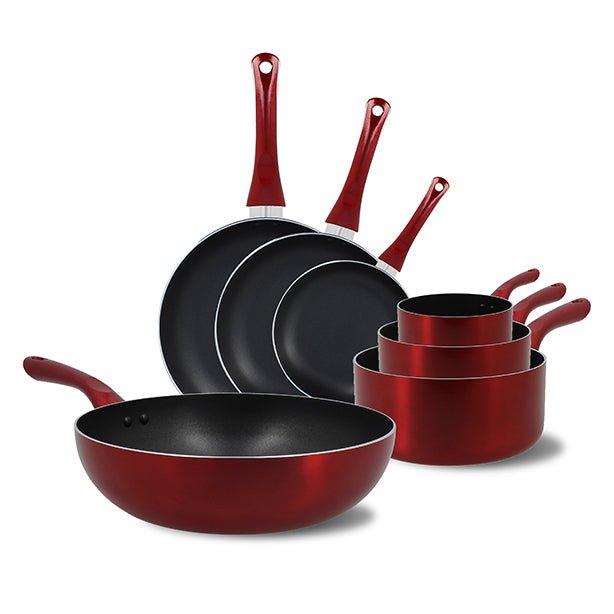 Set de 7 pièces Cerise Menastyl : casseroles, poêles et wok rouges en aluminium à revêtement antiadhésif noir