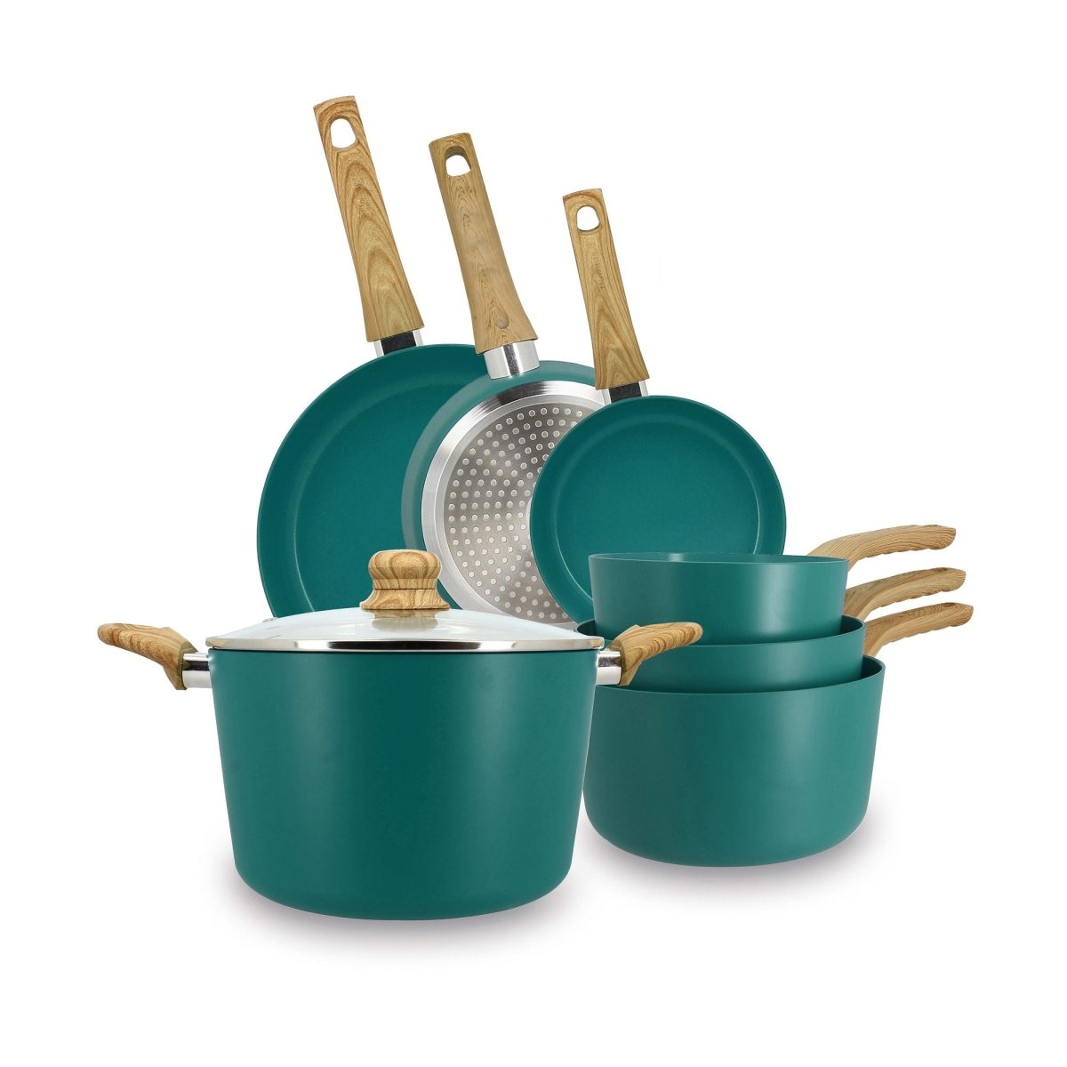 Set de 7 pièces Colorama céladon avec poêles, casseroles et manches bois, arrangement complet sur fond blanc
