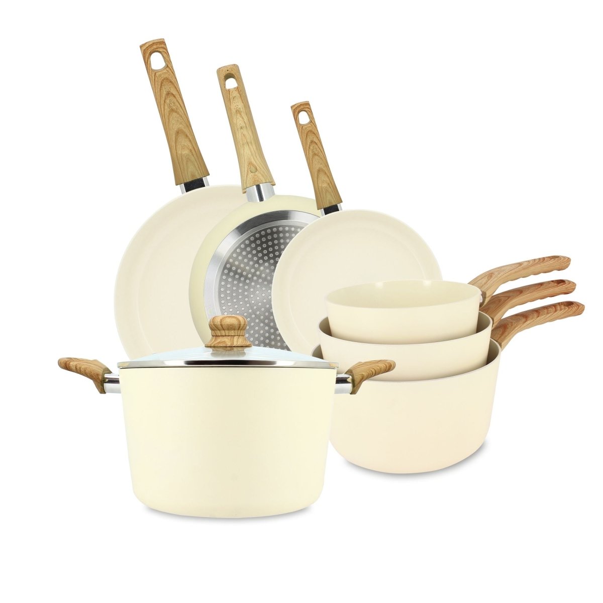 Ensemble complet set 7 pièces Colorama céladon avec casseroles, poêles et manche bois sur fond blanc