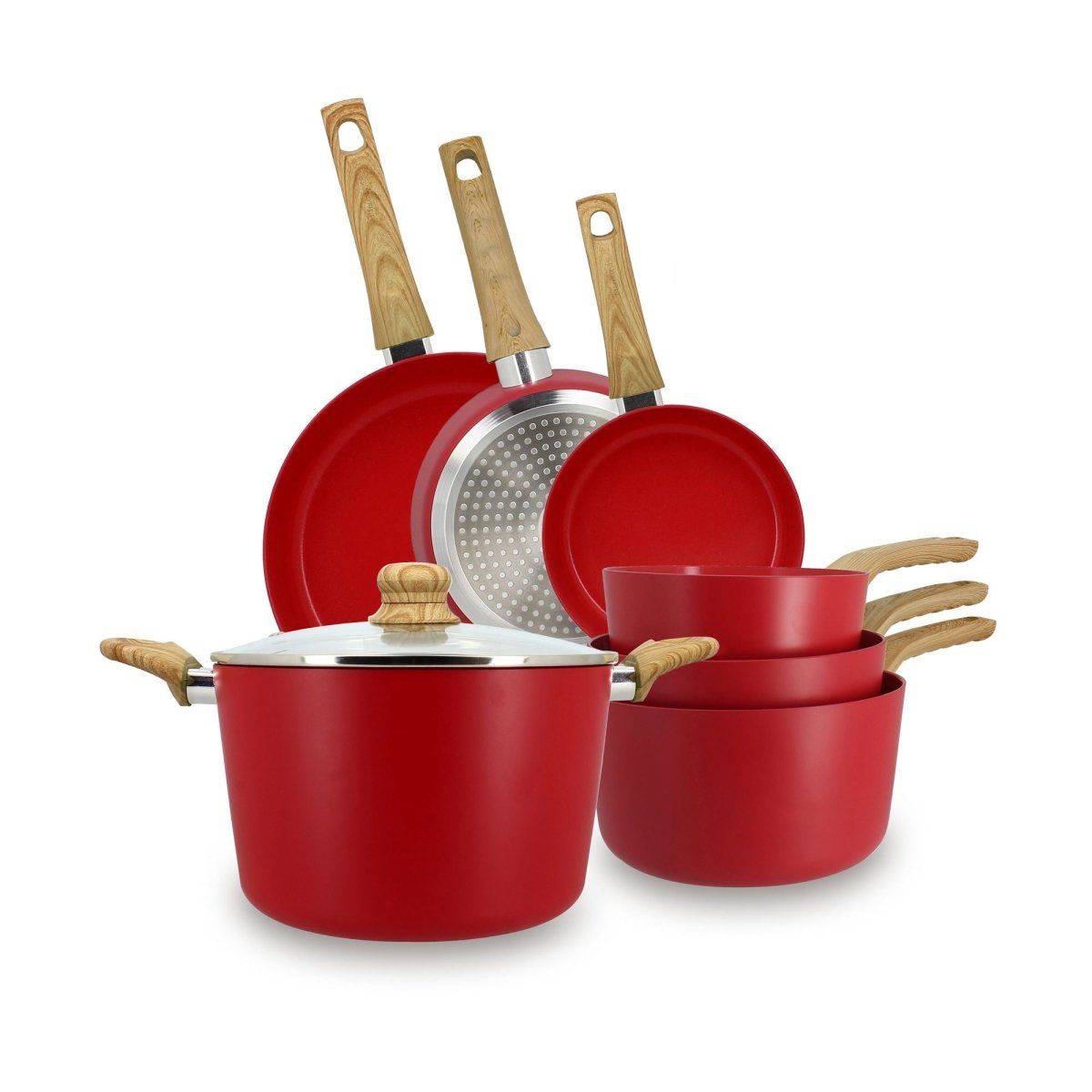 Set complet 7 pièces Colorama rouge avec casseroles, poêles et manche bois, vue d'ensemble sur fond blanc