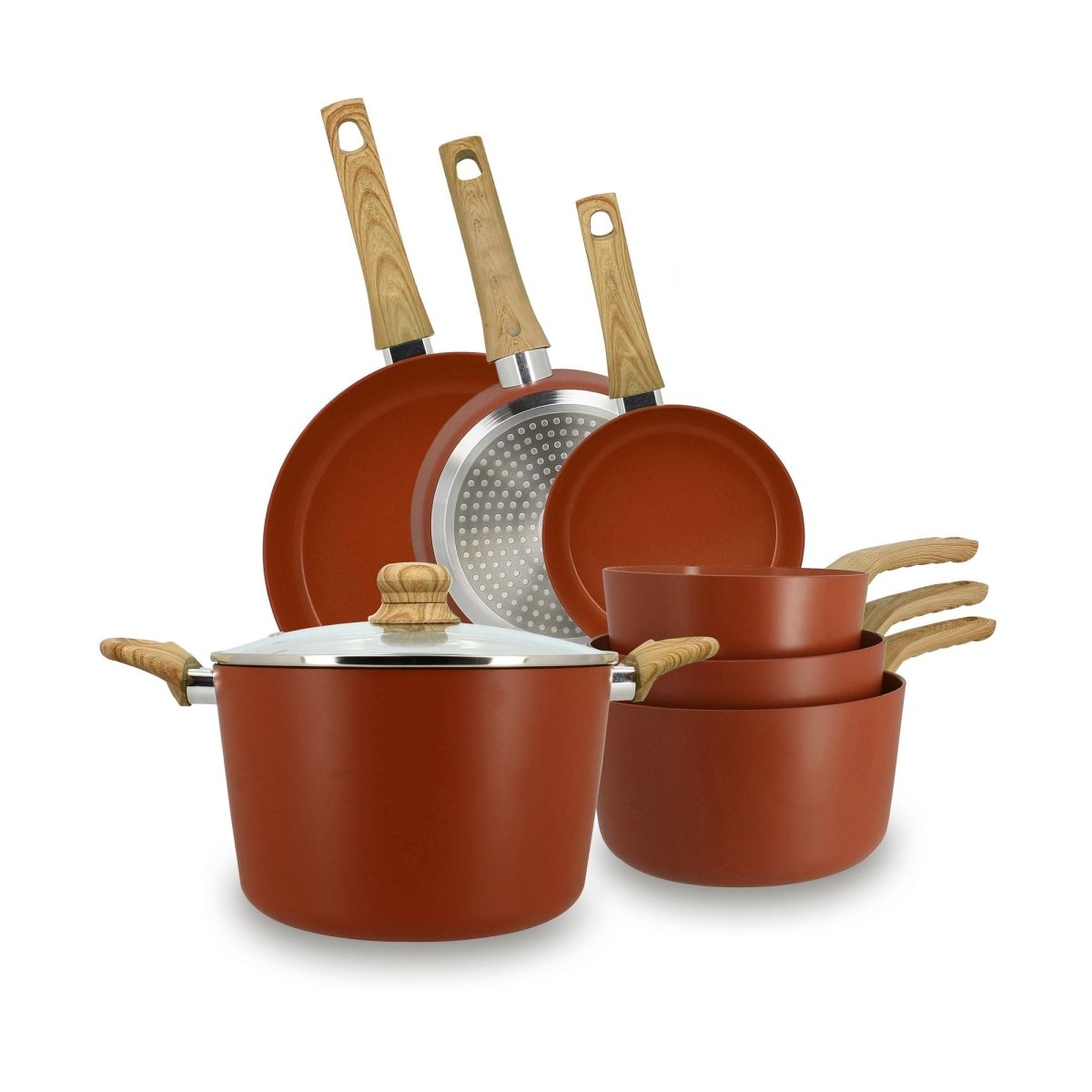 Set complet 7 pièces Colorama terracotta : 3 casseroles, 3 poêles et sauteuse avec manches bois, empilés fond blanc