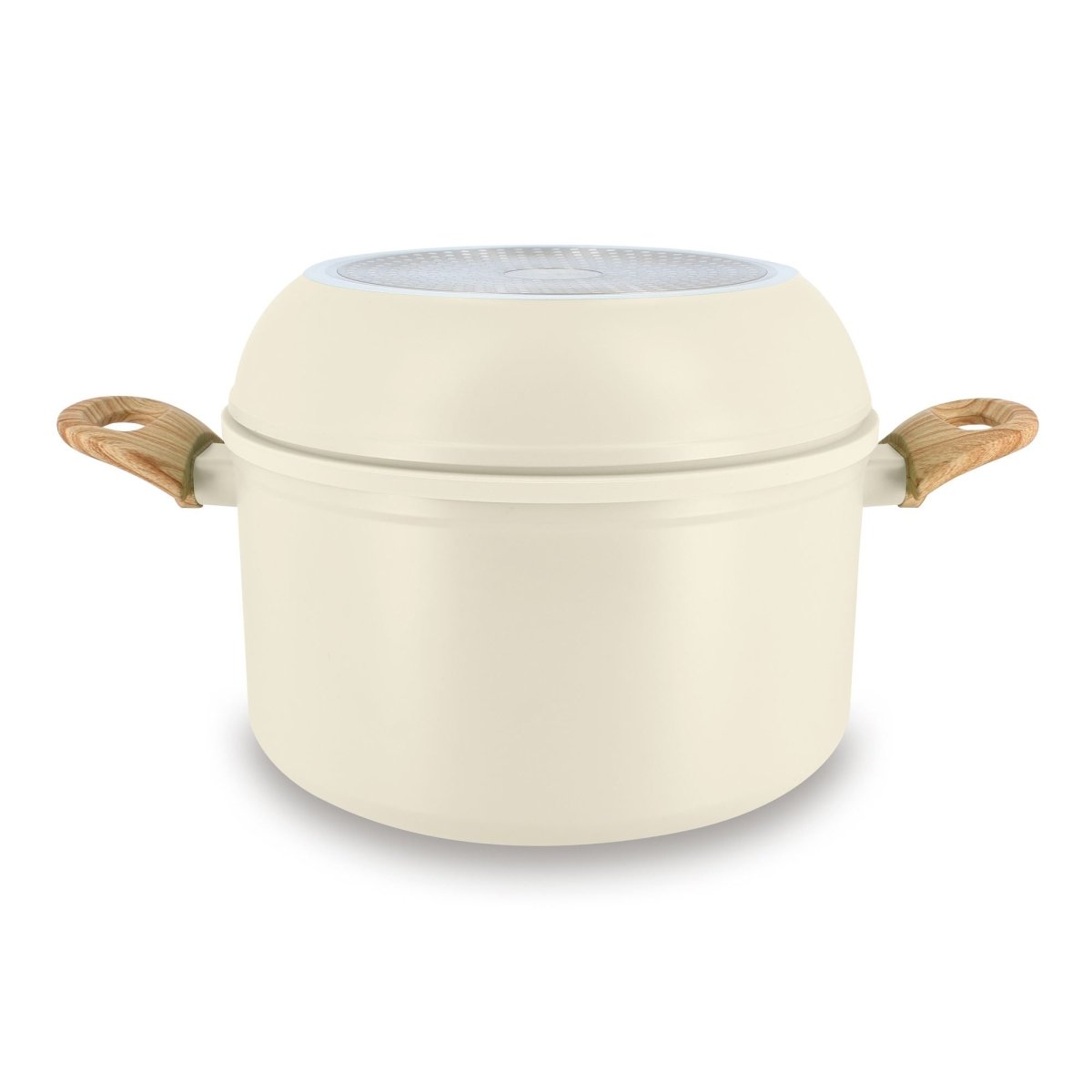 Casserole Super Ball Colorama crème avec couvercle strainer et poignées bois, vue fermée