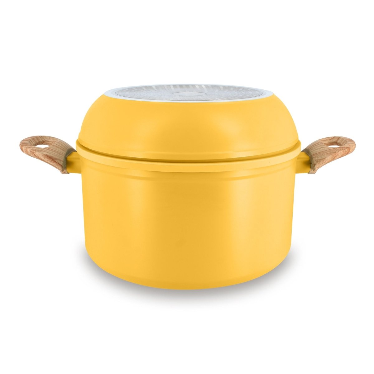 Casserole jaune Super Ball Colorama avec couvercle et poignées bois, vue complète fond blanc