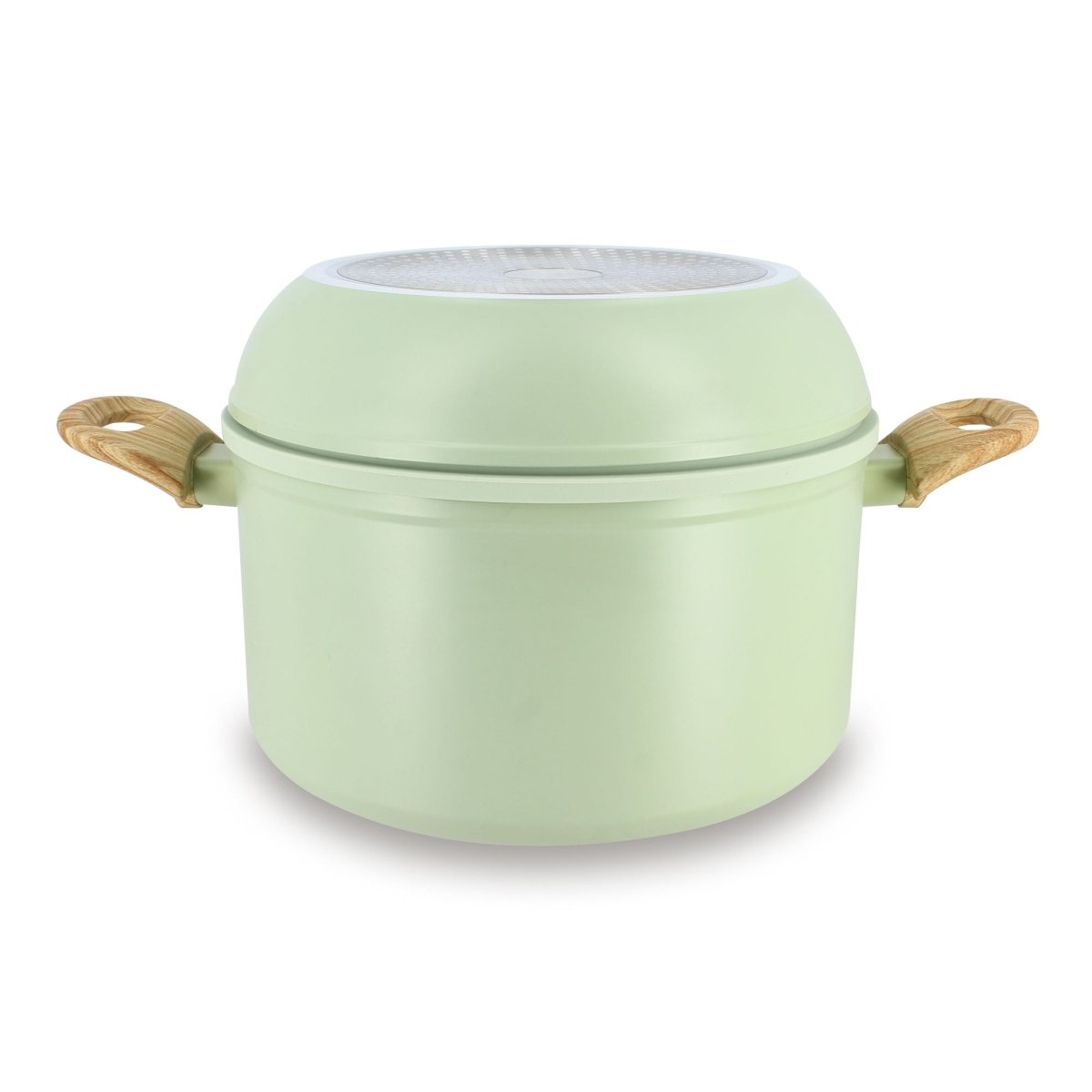 Casserole Super Ball verte Colorama Menastyl avec poignées bois et couvercle passoire, vue de face