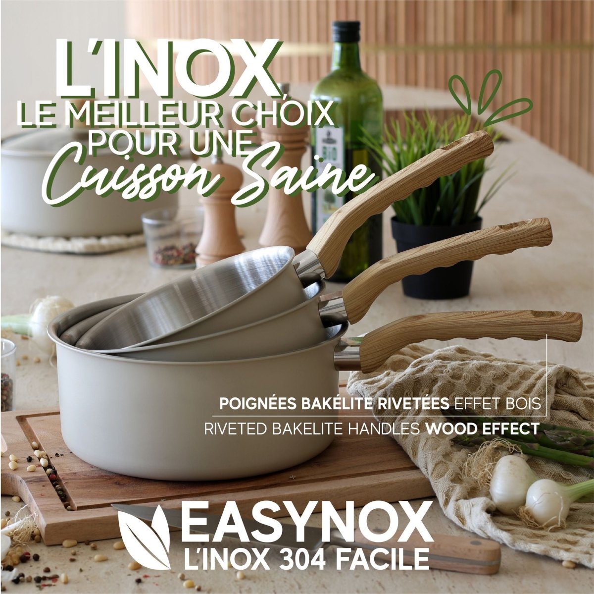 Set de casseroles Easynox en inox et aluminium avec poignées effet bois rivétées, mise en scène cuisine