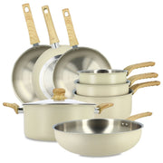 Set de 8 pièces Easynox Menastyl en inox et aluminium crème avec poignées bois, vue d'ensemble empilée