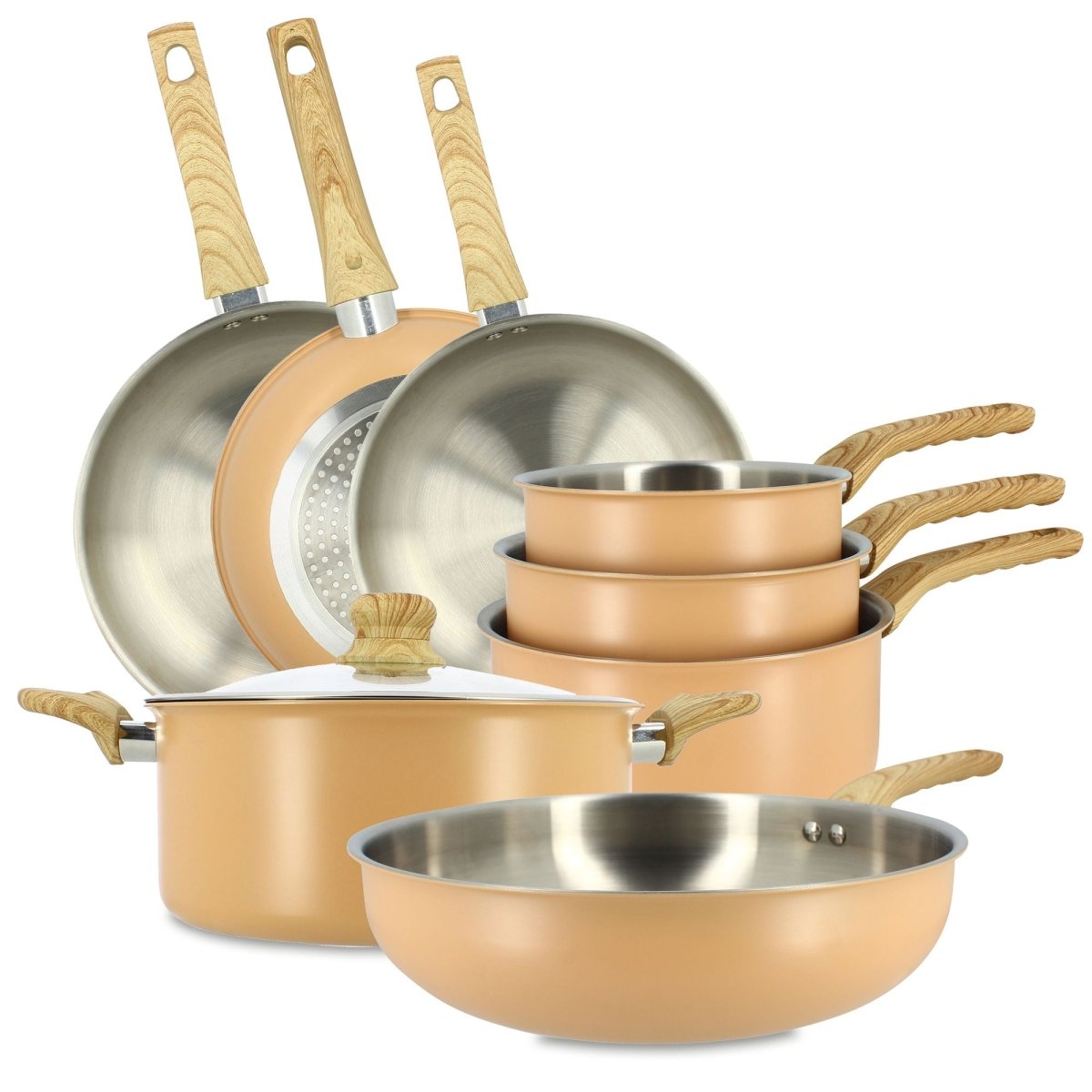 Set de 8 pièces Easynox avec casseroles et poêles inox doré, manches bois clair, vue d'ensemble