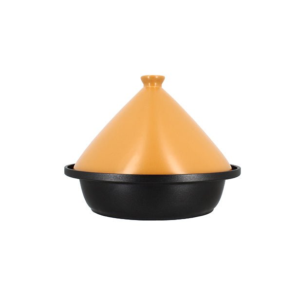 Tajine aluminium 30cm avec couvercle conique orange et base noire, vue de profil sur fond blanc