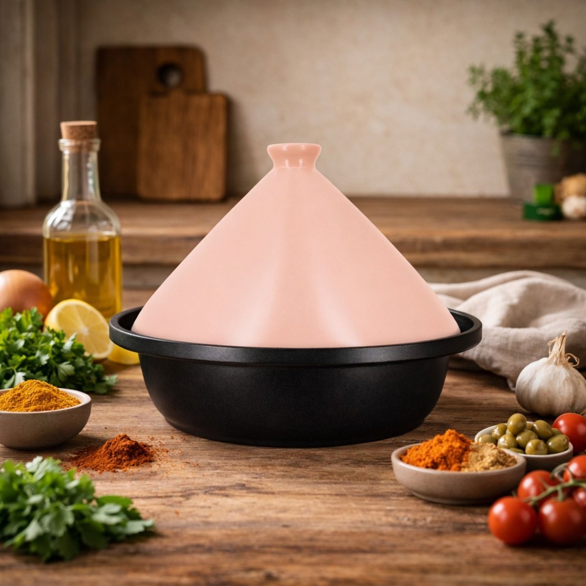 Tajine 24cm avec couvercle rose en céramique et base noire, entouré d'épices et ingrédients sur table en bois
