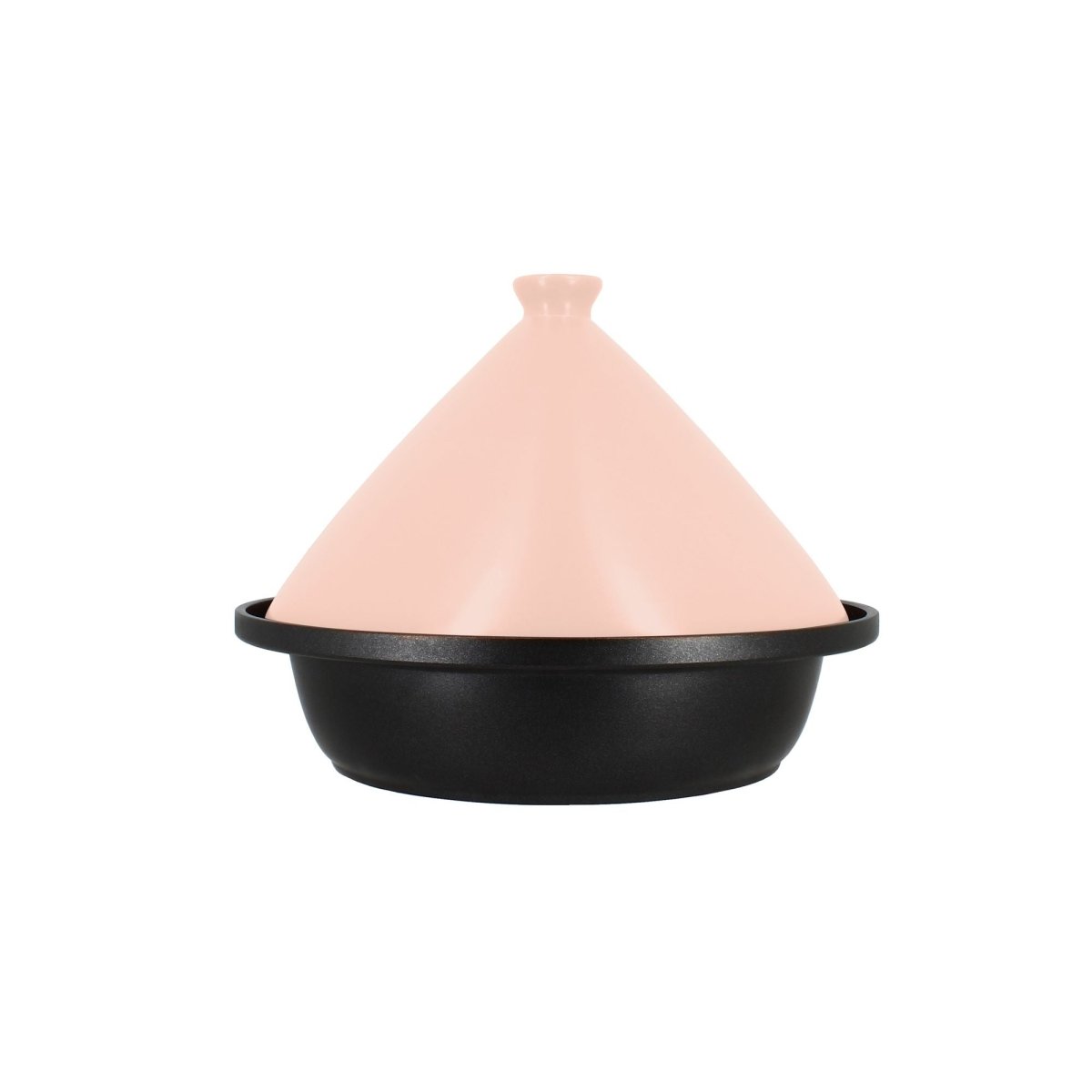 Tajine 24 cm en aluminium noir avec couvercle conique en céramique rose, vue latérale sur fond blanc