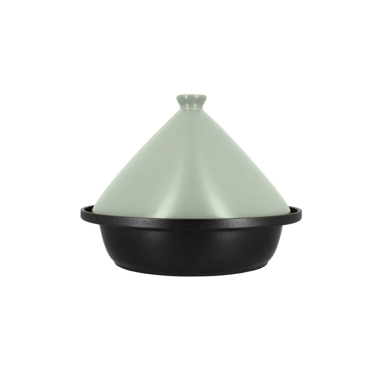 Tajine 24cm Menastyl avec couvercle conique céramique vert et base aluminium noire, vue de profil sur fond blanc