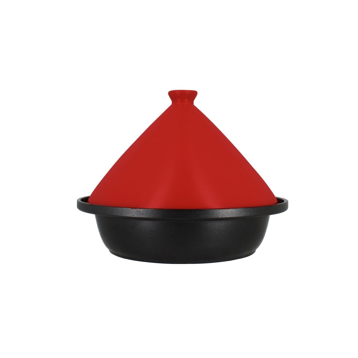 Tajine en aluminium noir avec couvercle conique rouge en céramique, vue de profil sur fond blanc