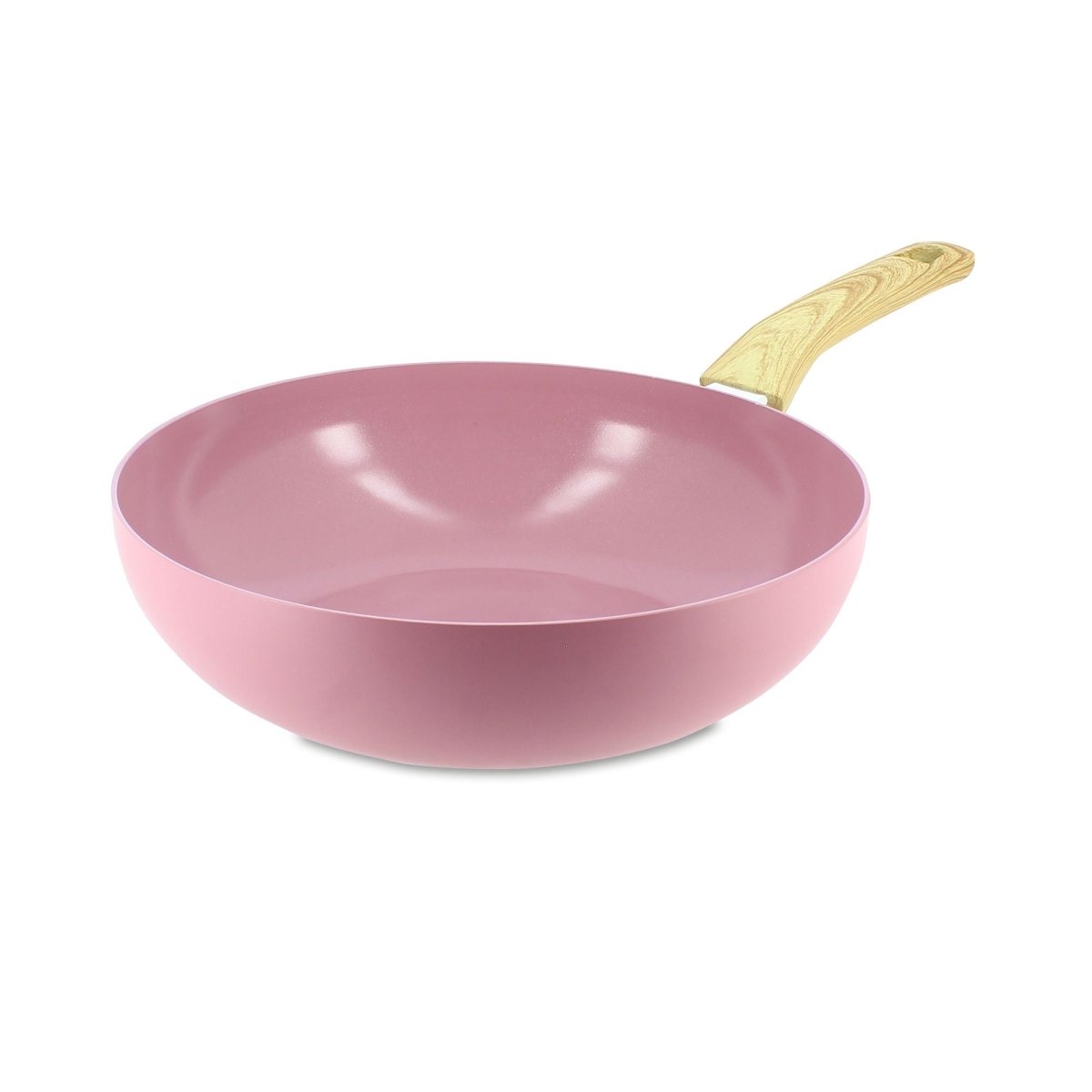 Wok Colorama 28 cm rose pastel avec manche imitation bois, vue de trois-quarts sur fond blanc