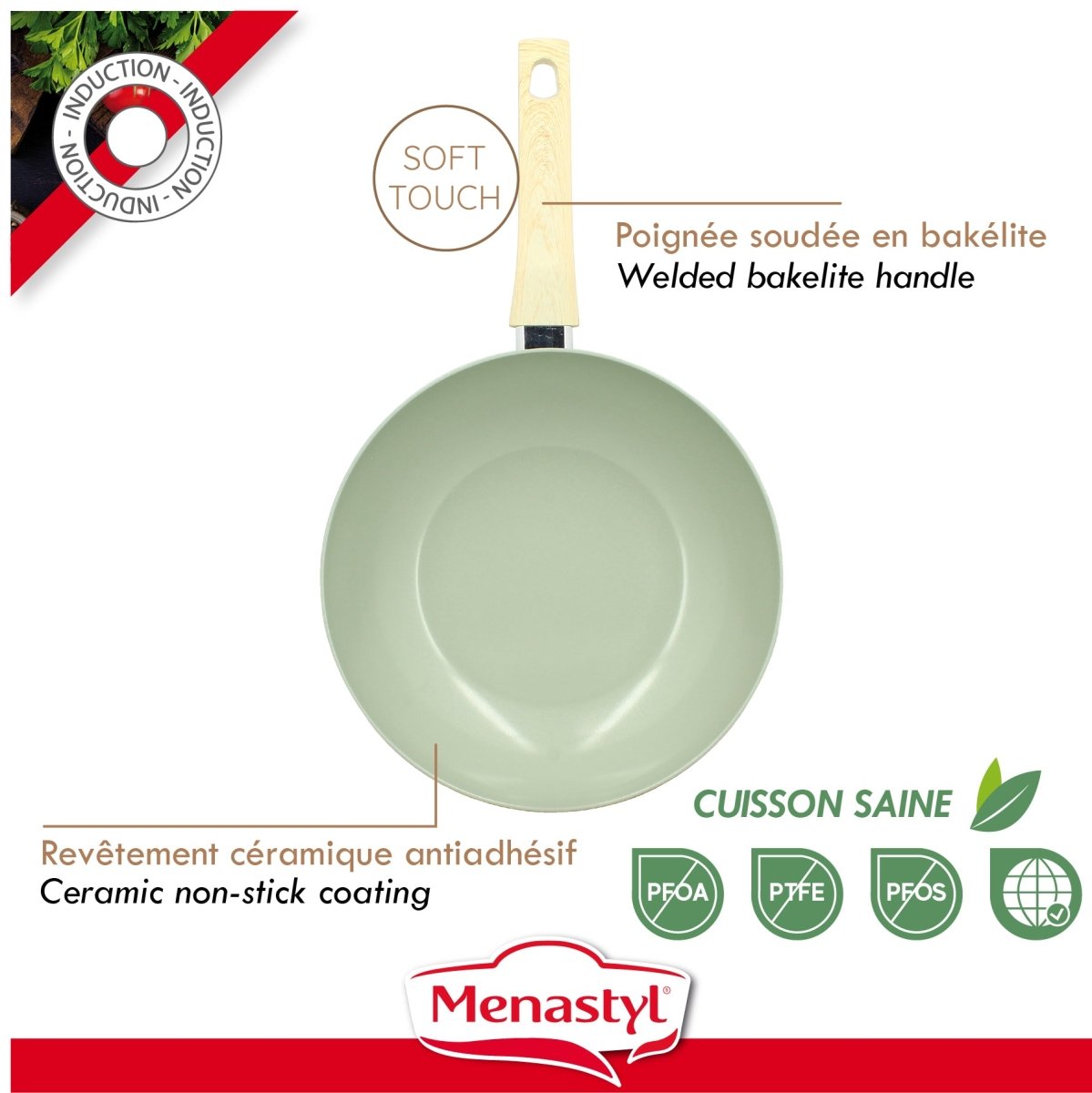 Wok Colorama 28cm vert pastel avec revêtement céramique antiadhésif et poignée bakélite, vue intérieure