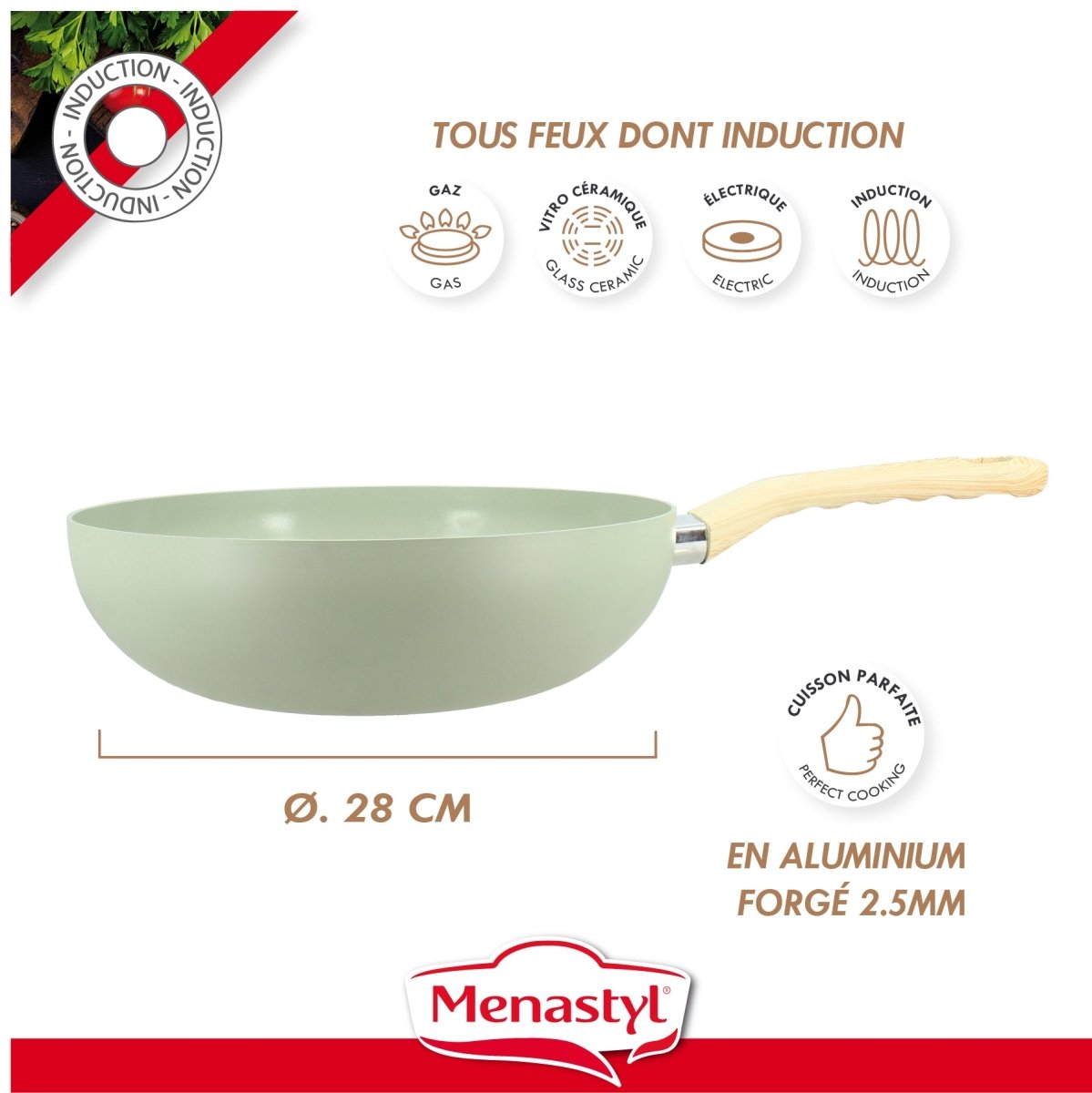 Wok Colorama 28 cm vert menthe avec manche bois, compatible tous feux dont induction, aluminium forgé 2.5mm