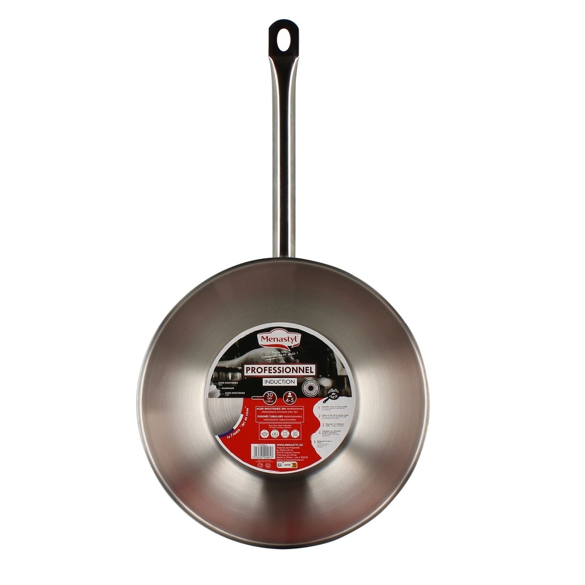 Wok professionnel 30cm en acier inoxydable vu de l'intérieur, étiquette centrale visible, poignée tubulaire