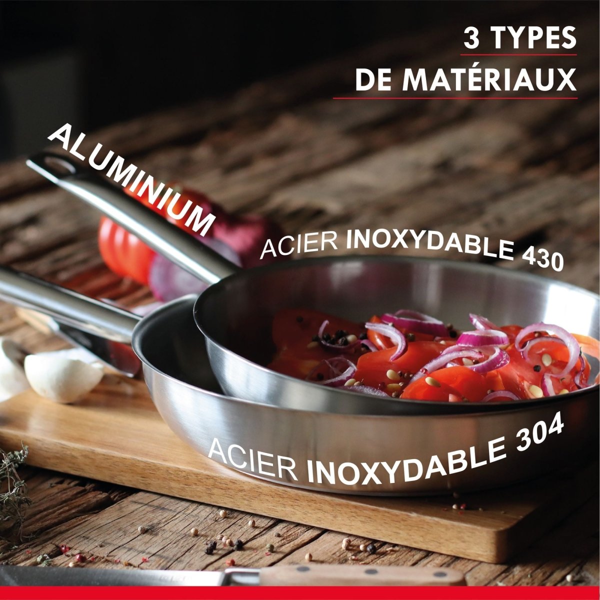 Comparatif de trois matériaux de cuisson : aluminium, acier inoxydable 430 et wok professionnel en acier inoxydable 304