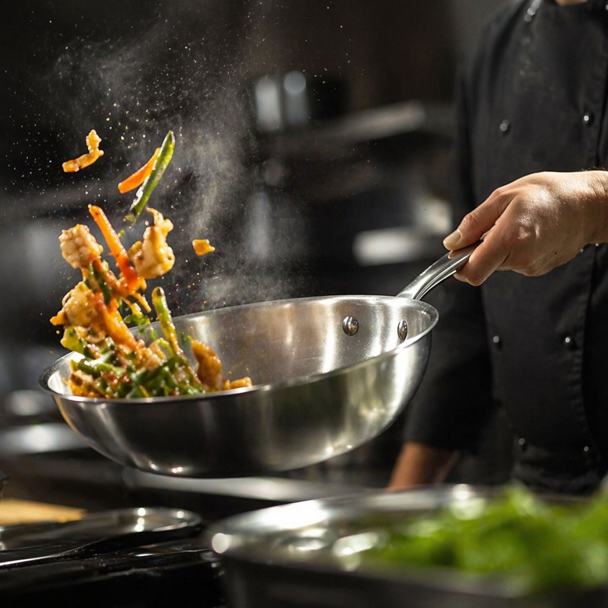 Cuisson dynamique au wok Triply 24cm, légumes sautés en action dans un wok en acier inoxydable