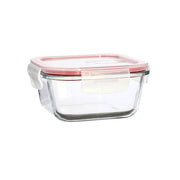 Boîte hermétique Clémentine carrée 500mL Menastyl en verre transparent avec couvercle rose, vue trois quarts