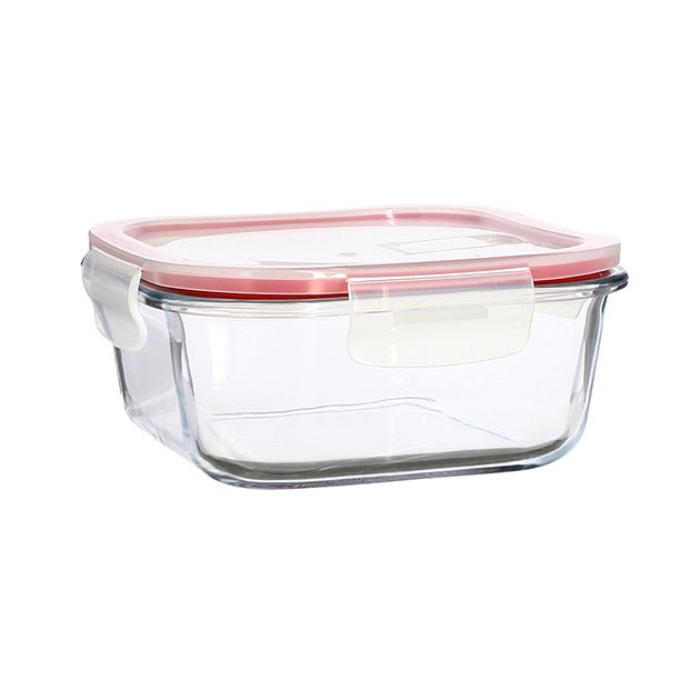 Boîte hermétique carrée Clémentine 800ml en verre transparent avec couvercle rouge Menastyl, vue de trois quarts