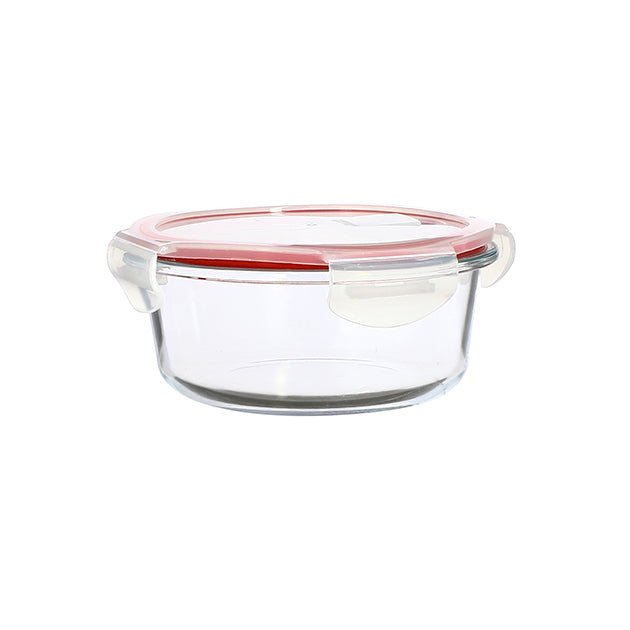Boîte hermétique ronde Clémentine 640mL Menastyl en verre transparent avec couvercle à clips rouges