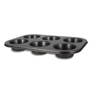 Moule à 6 muffins Amandine Menastyl en acier carbone noir antiadhésif, vue de trois quarts sur fond blanc