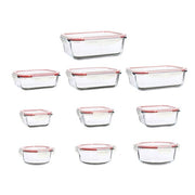Set de 10 boîtes hermétiques en verre Clémentine Menastyl avec couvercles à clips rouges, vue d'ensemble sur fond blanc