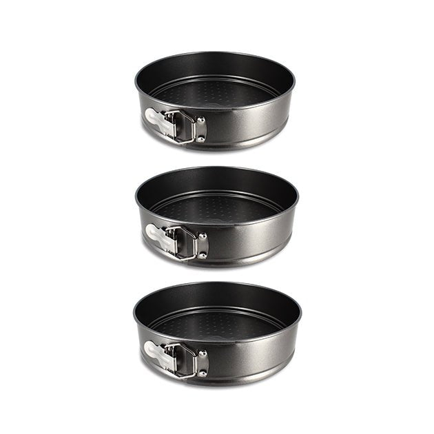Set de 3 moules à charnière ronds 22, 24 et 26 cm Menastyl, revêtement antiadhésif noir, vue empilée